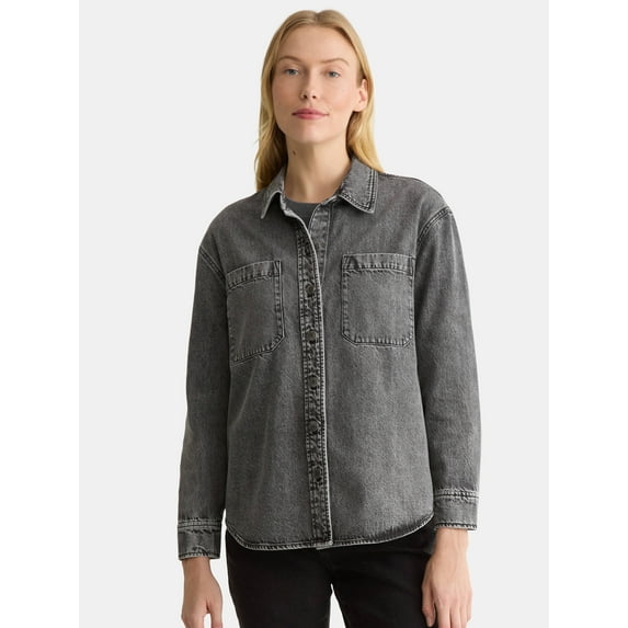 Time and Tru Women's Denim Overshirt with Long Sleeves, Sizes XS-XXXL