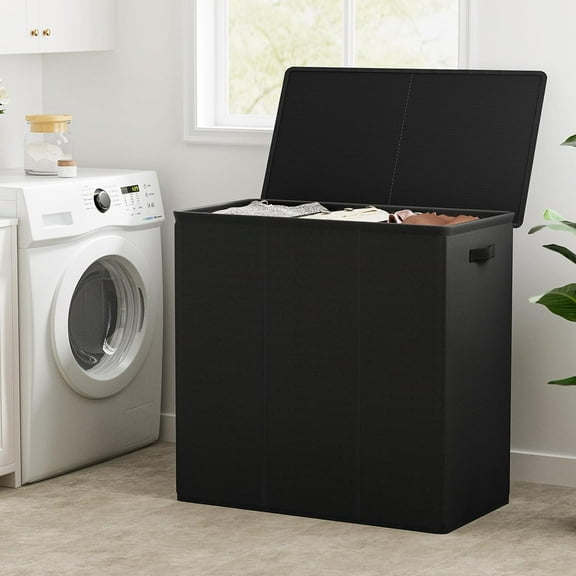 180L 3-Section Laundry Hamper (Black) - Collapsible with Lid, Removable Bags for Dorm & Laundry Room
