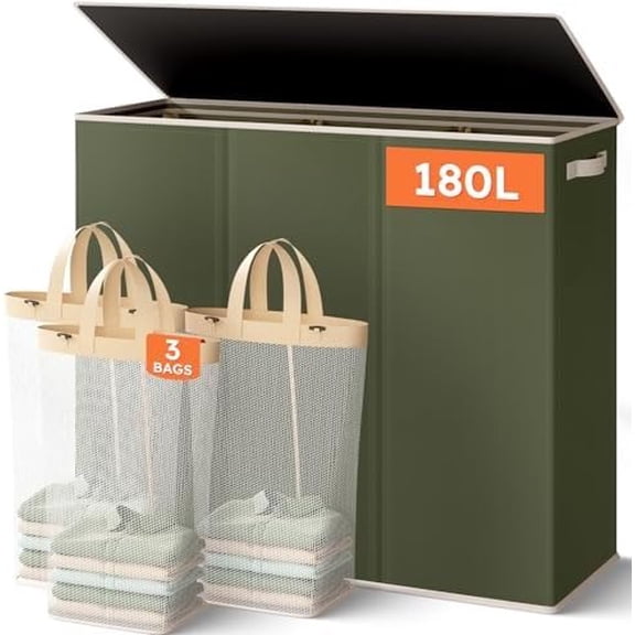 180L 3-Section Laundry Hamper with Lid, Extra Large Dirty Clothes Basket with Sturdy Handles for Laundry Room & Bedroom - Durable Organizer for Sorting Laundry