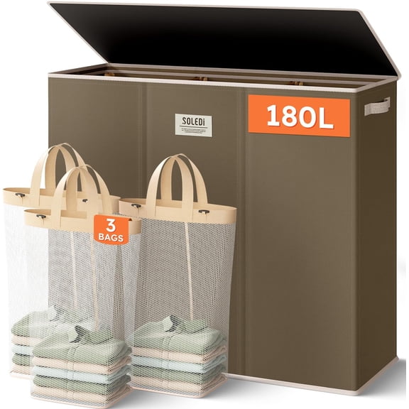 180L 3-Section Laundry Hamper with Lid, Extra Large Dirty Clothes Basket with Sturdy Handles, Chocolate Brown