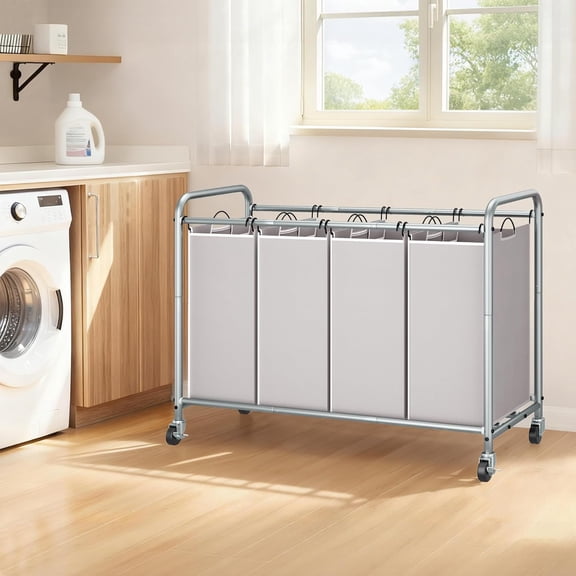 180L (47.5 Gal) Gray 4-Section Laundry Sorter - Rolling Hamper Cart with Wheels & Removable Bags for Home