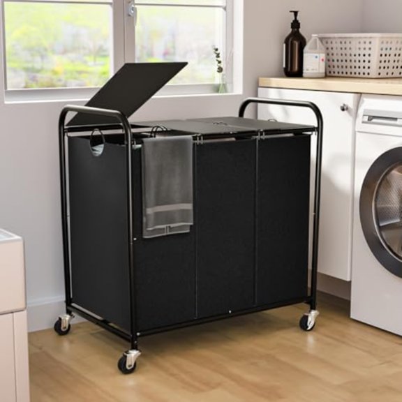 180L 47.55 Gal Laundry Sorter 3 Section Rolling Laundry Basket with Lockable Wheels and Lid Laundry Hamper with 3 Separated Removable Bags Dirty Clothes Hamper for Laundry Room Organizer Black