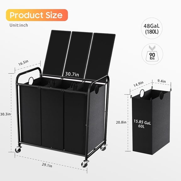 180L (47.55 Gal) Laundry Sorter 3 Section, Rolling Laundry Basket with Lockable Wheels and Lid, Laundry Hamper with 3 Separated Removable Bags Dirty Clothes Hamper for Laundry Room Organizer, Black