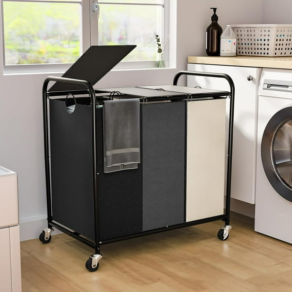 180L (47.55 Gal) Laundry Sorter 3 Section, Rolling Laundry Basket with Lockable Wheels and Lid, Laundry Hamper with 3 Separated Removable Bags Dirty Clothes Hamper for Laundry Room, Multicolor