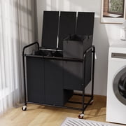 180L 47.55 Gal Laundry Sorter 3 Section, Rolling Laundry Basket with Lockable Wheels and Lid, Laundry Hamper with 3 Separated Removable Bags Dirty Clothes Hamper for Laundry Room Organizer, Black