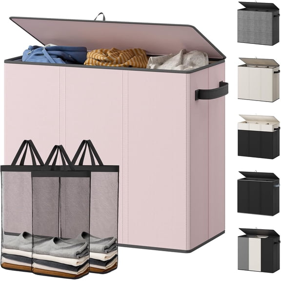 180L Laundry Hamper 3 Section, Large Laundry Basket with Lid, Laundry Basket Organizer with Handles, Pink Divided Laundry Baskets, Clothes Hampers for Nursery, Bedroom, Bathroom