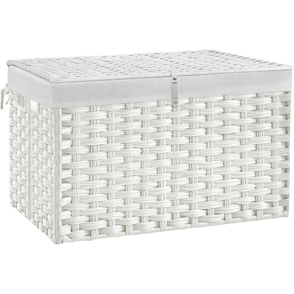 180L Wicker Storage Basket with Lid, Handwoven Rattan Large Shelf Basket with Removable Liner, 47.6 Gallon Wicker Basket for Blanket, Storage Trunk with Handle for Closet, Bedroom, Livingroom, White