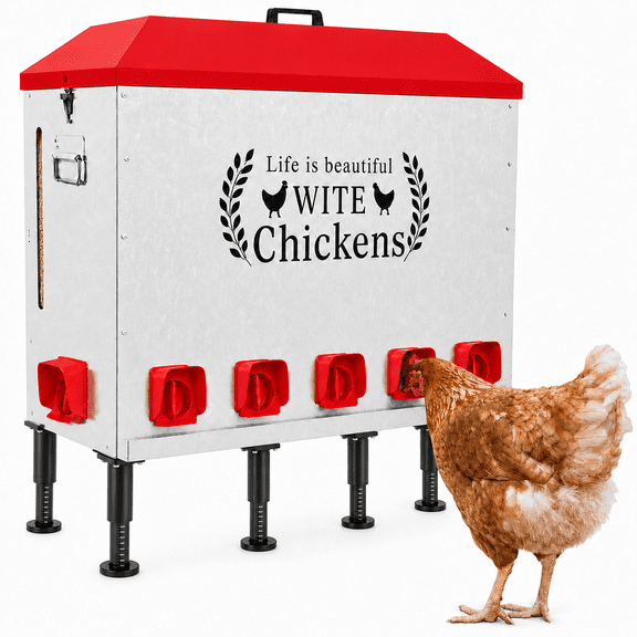 180LBS Large Capacity Automatic Chicken Feeder - Upgraded Window Design Allows Viewing of Feed Conditions, 12 Feeding Ports, Anti-Waste Design, Height-Adjustable Legs & Secure
