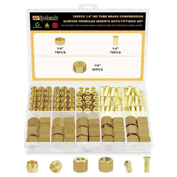 180PCS 1/4" Brass Compression Fittings Sleeves Ferrules Inserts Nuts Assortm...