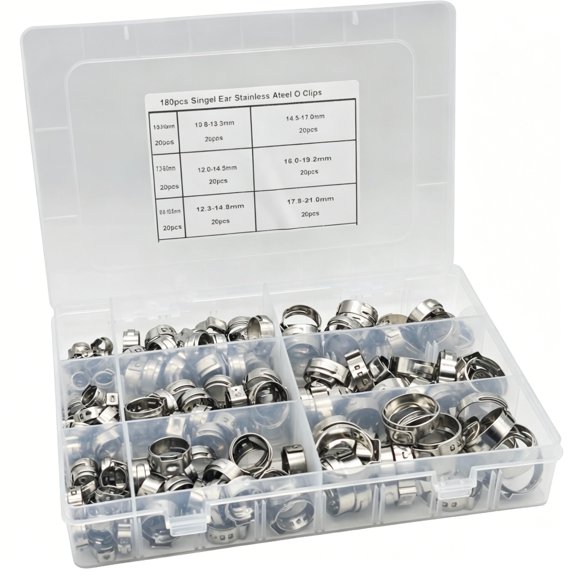180PCS 304 Stainless Steel Stepless Single Ear Clamp Set for Pipe Fixing (5.8-21mm)