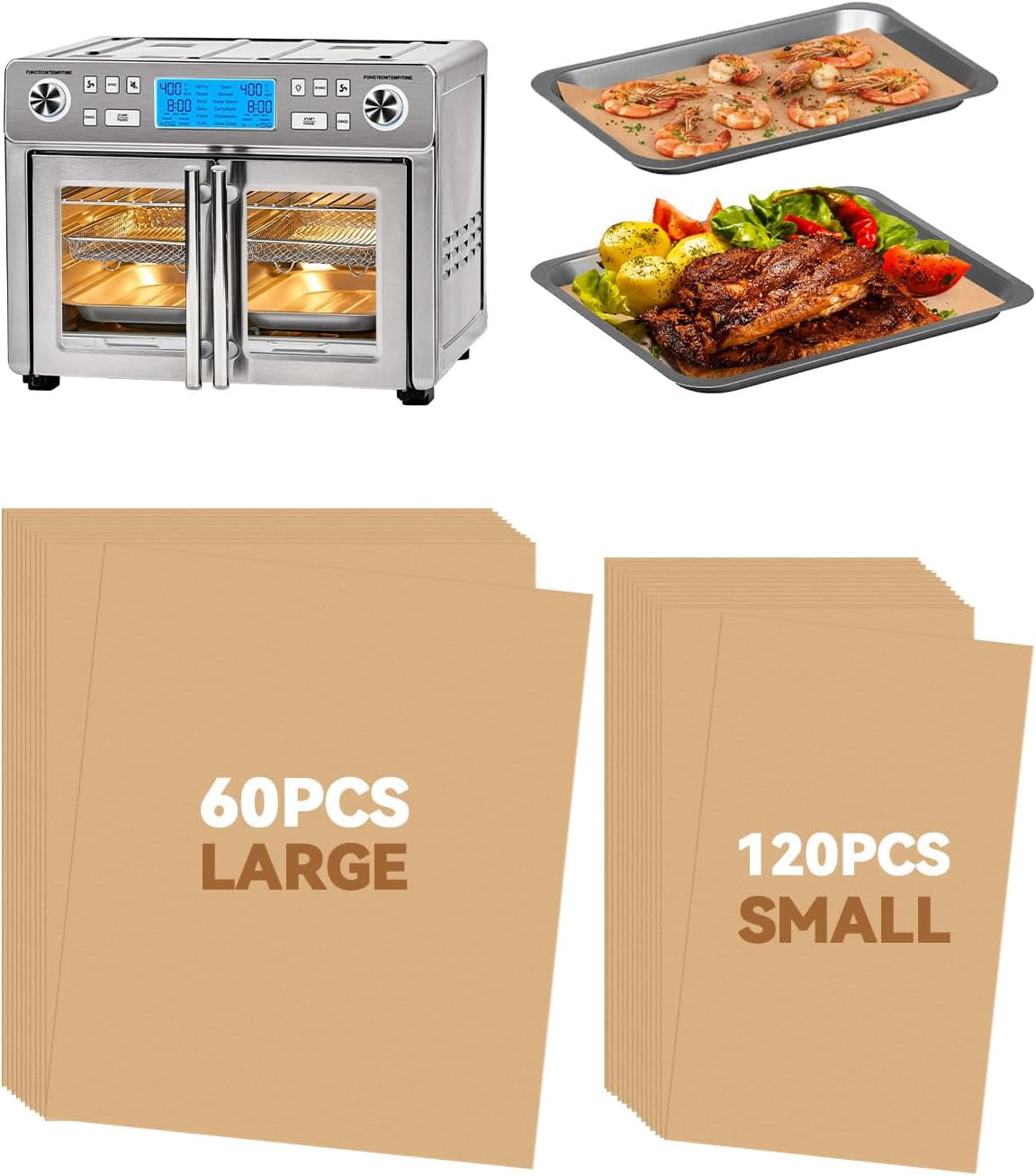 180PCS Air Fryer Parchment Paper Liners Compatible with Emeril Lagasse Dual Zone 360 Air Fryer Oven Combo French Door 25QT, Nonstick Disposable Sheets Accessories, 60 Large+120 Small for Bake Pans