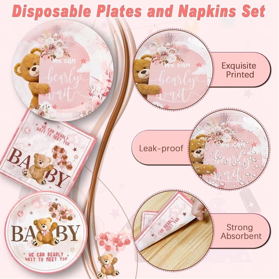 180PCS We Can Bearly Wait Baby Shower Decorations Pink Bear Paper Plates and Napkins Set, Disposable Party Tableware Supplies for Girl Baby Shower$$Home Decor, Kitchen, & Other