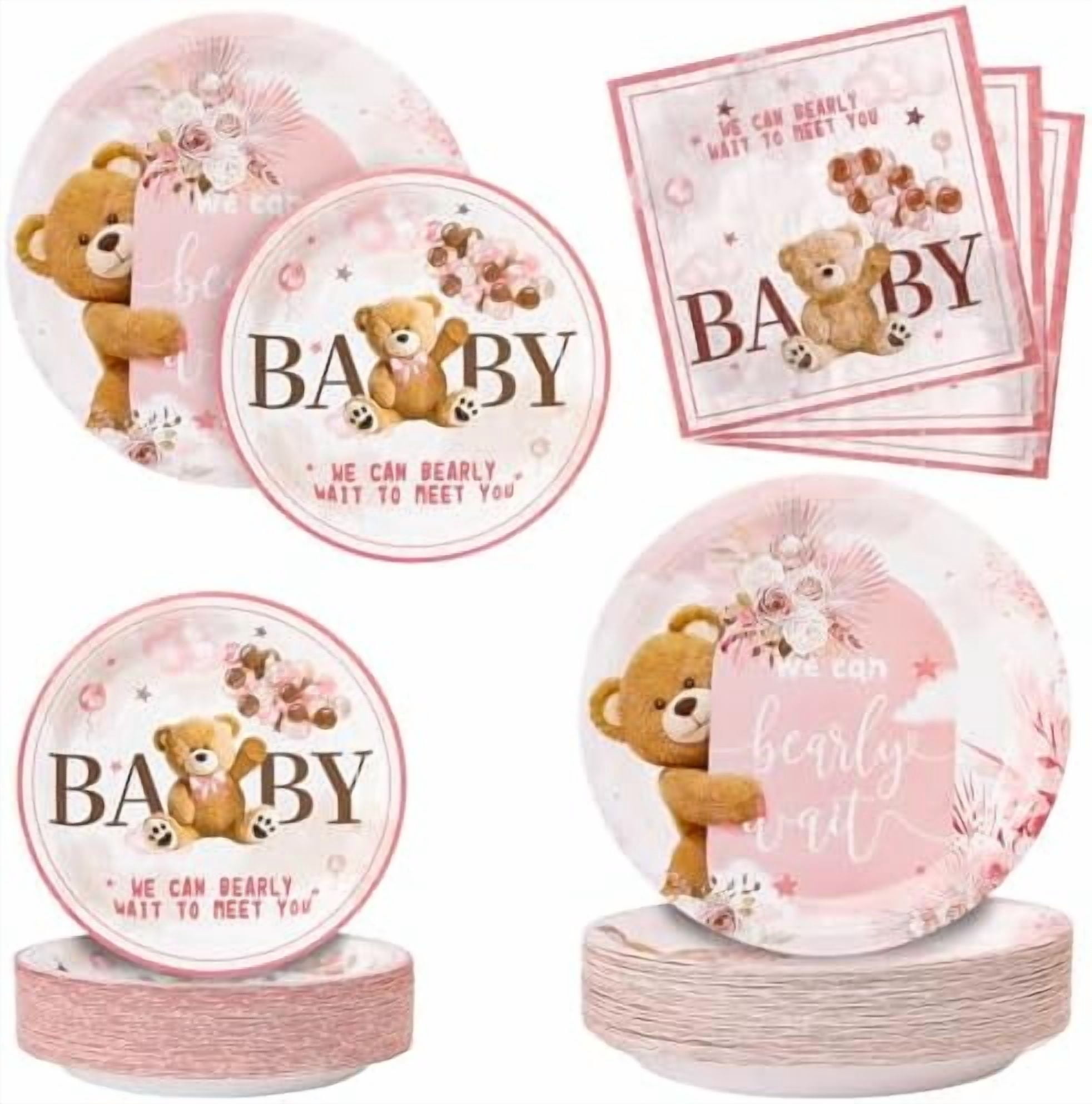 180PCS We Can Bearly Wait Baby Shower Decorations – Pink Bear Paper Plates and Napkins Set, Disposable Party Tableware Supplies for Girl Baby Shower$$Home Decor, Kitchen, & Other