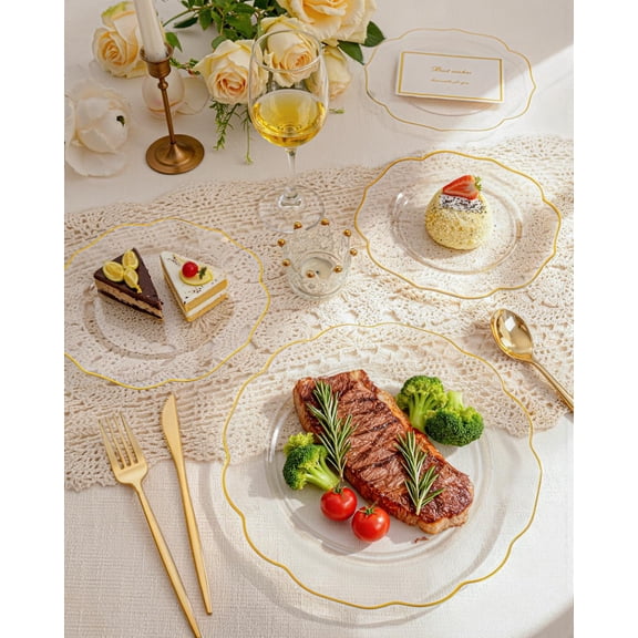 180PCS Clear Plastic Plates with Gold Trim - Clear Gold Plastic Dinnerware Include 30 Dinner & Dessert Plates, 30 Knives, 30 Forks, 30 Spoons and 30 Cups for Party