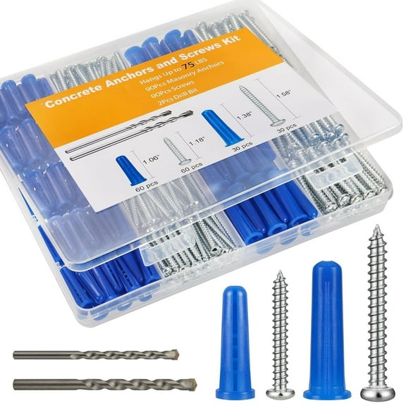 180PCS Conical Concrete Anchors and Screws Assortment Kit, 90PCS Concrete Wall Anchors, 90PCS Self Tapping Screws for Masonry Stucco Brick Cement Cinder Block Tile, with 2PCS Drill Bit
