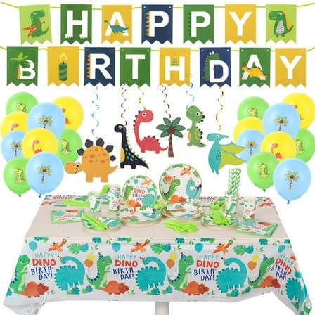 180PCS Dinosaur Birthday Party Supplies, Dinosaur Themed Birthday Party Decor for Boys Girls, Including Plates, Cups, Napkins, Tableware, Tablecloth, Banners, Balloons Serves 20