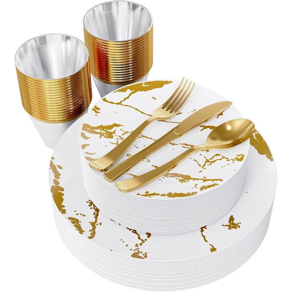 180PCS Disposable Dinnerware Set 30 Guest, 60 White and Gold Plastic Plates, 30 Plastic Silverware, 30 Cups, Marble Design Disposable Dinnerware for Wedding, Thanksgiving and Parties