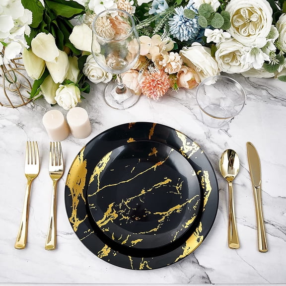 180PCS Disposable Dinnerware Set 30 Guest Black Gold Marble Design for Halloween Wedding Party