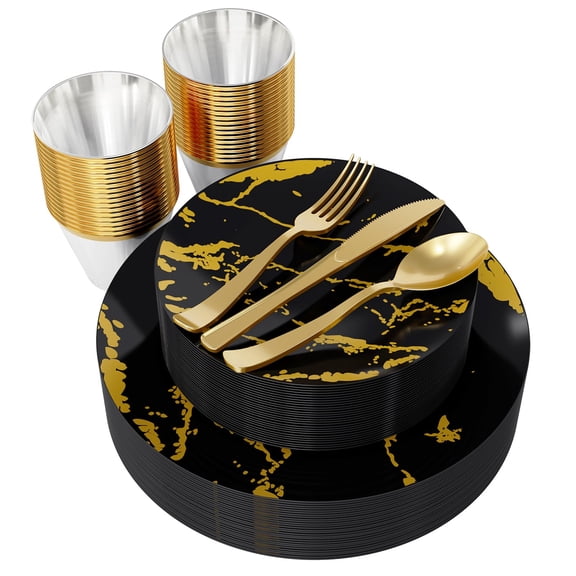180PCS Disposable Dinnerware Set for 30 Guests, White and Gold Plastic Plates, Silverware, Cups with Marble Design for Weddings, Thanksgiving, and Parties