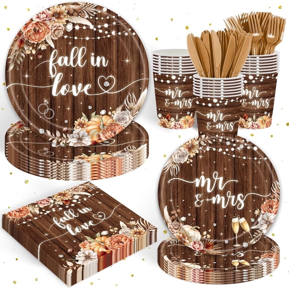 180PCS Fall in Love Party Supplies for Wedding Bridal Shower Autumn Themed Bachelorette Party Decor Rustic Wooden Floor Pumpkin Tableware Disposable Paper Plates Napkins Forks for 30 Guests