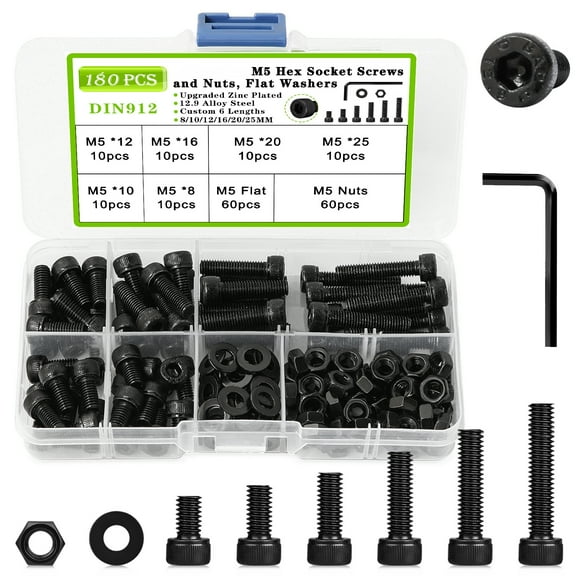 180PCS M5 Nuts and Bolts Assortment Kit 12.9 Alloy Steel M5 Hex Socket Head Cap Machine Screws Assortment 8mm-25mm Black