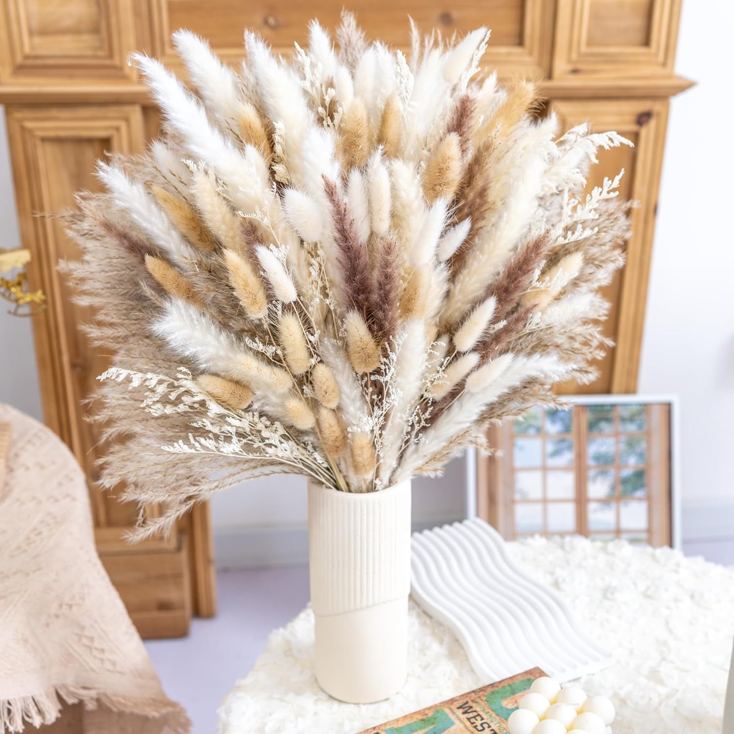 180PCS Natural Dried Pampas Grass Bouquet, Phragmites Dried Flowers Boho Home Decor for Wedding Floral Arrangements & Living Room Decorations