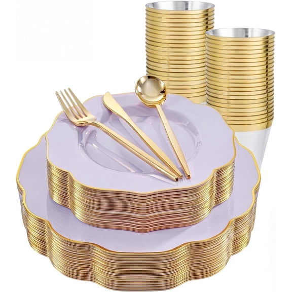 180PCS Purple Plastic Plates - Disposable Purple with Gold Rim, Include 30 Each (Dinner & Salad) Plates, 30 Knives, 30 Forks, 30 Spoons, 30Cups for Party, Shower & Birthday