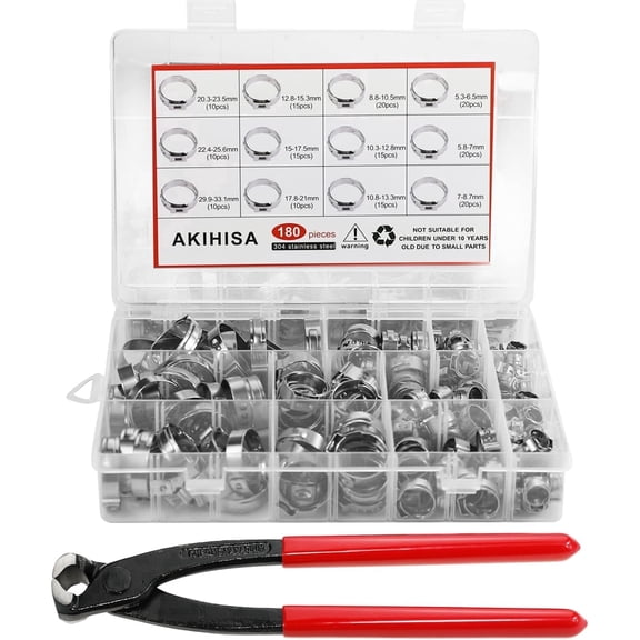 180PCS Single Ear Hose Clamps Assortment Kit, 12 Sizes 5.3-33.1mm 304 Stainless Steel Crimp Cinch Rings, Leak Proof Pipe Clamps for Automotive Plumbing Hose