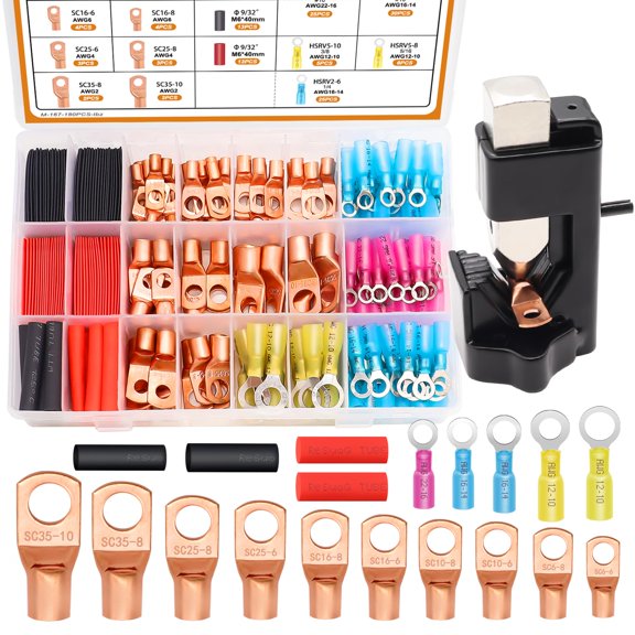 180PCS+Tool Copper Wire Lugs Terminal Connectors Kit