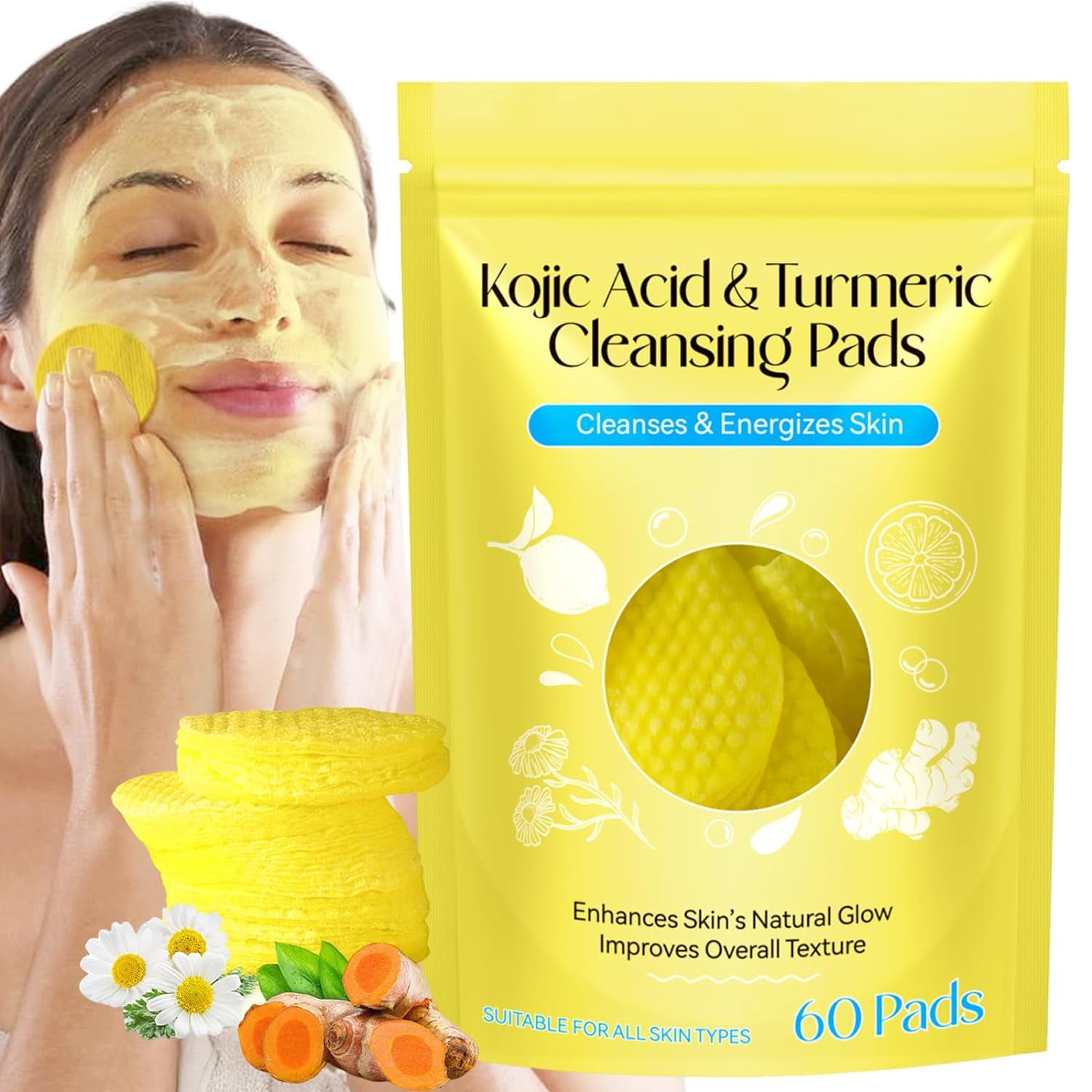 Turmeric Kojic Acid Cleansing Pads, Turmeric Cleansing Pads for Dark Spots, Compressed Facial