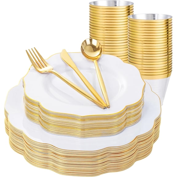 180PCS White and Gold Rim Disposable Plastic Plates and Cutlery Set - Includes 30 Dinner Plates, Dessert Plates, Cups for Wedding, Party, Thanksgiving Tableware