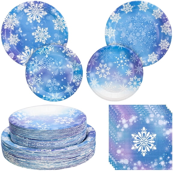 180PCS Winter Party Supplies - Blue and Purple Paper Plates and Napkins Set, Winter Wonderland Disposable Tableware for Frozen Christmas Holiday Birthday Party Supplies Decorations Y101