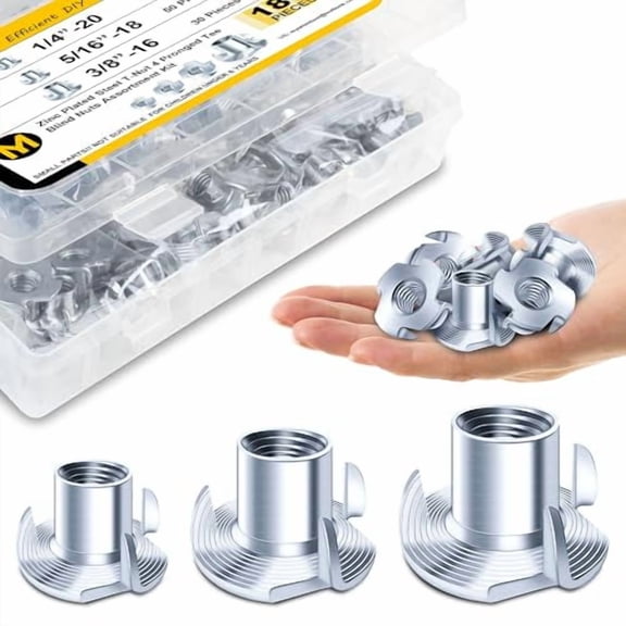 180Pcs 1/4-20 5/16-18 3/8-16 T-nut Assortment Kit, 4 Pronged T Blind T Nut Zinc-Plated Alloy Steel, Wood Working, Rock Climbing Holds & Furniture Hardware Nuts, Threaded Insertion by