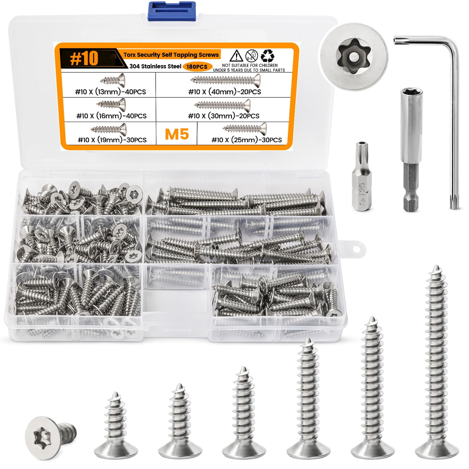 180Pcs #10 M5 Self Tapping Screws Wood Screws Assortment Kit,Torx Drive ...