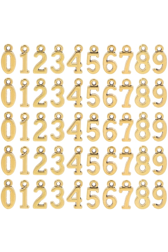 180Pcs 10 Styles Tibetan Style Alloy Pendants Number 0~9 Charms Golden 14.5~15.5x5~8.5x1.5mm Hole: 1.5~1.8mm 18pcs/style