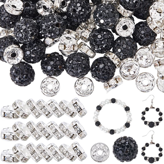180Pcs 10mm Black Rhinestone Beads 8mm Rondelle Spacer Bead Bulk Polymer Clay Glass Silver Brass Pave Disco Ball Loose Beads for Jewelry Making Bracelets Necklace DIY Crafts Accessories Jet