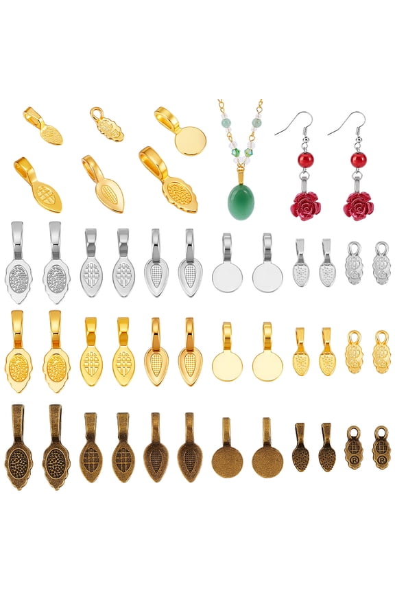 180Pcs 18 Styles Tibetan Style Alloy Glue On Flat Pad Pendant Bails Mixed Shapes Mixed Color 13.5~26x5~10x1~7mm Hole: 1.8~5mm 10pcs/style