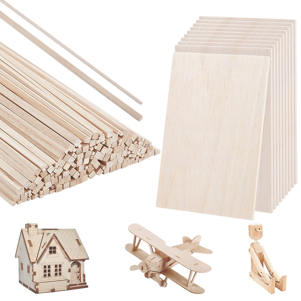 180Pcs 2 Styles Wooden Craft Sticks DIY Craft Supplies with 10Pcs Wood Sheets Mixed Color 300x3x3mm for making