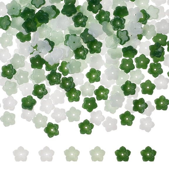 180Pcs 3 Colors Lampwork Flower Beads Glass Floral Flower Beads Green White Cherry Blossom Bead 5-Petal Mixed Color Flowers Hibiscus Bead