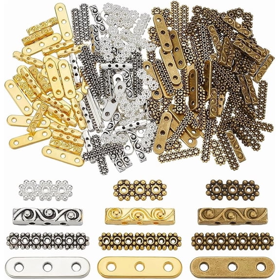 180Pcs 4 Styles 3 Holes 7 Holes Rectangle Spacer Bars Tibetan Style Spacer Beads Tibetan Multi Strand Separator Spacers Bar Link Connectors for DIY Making