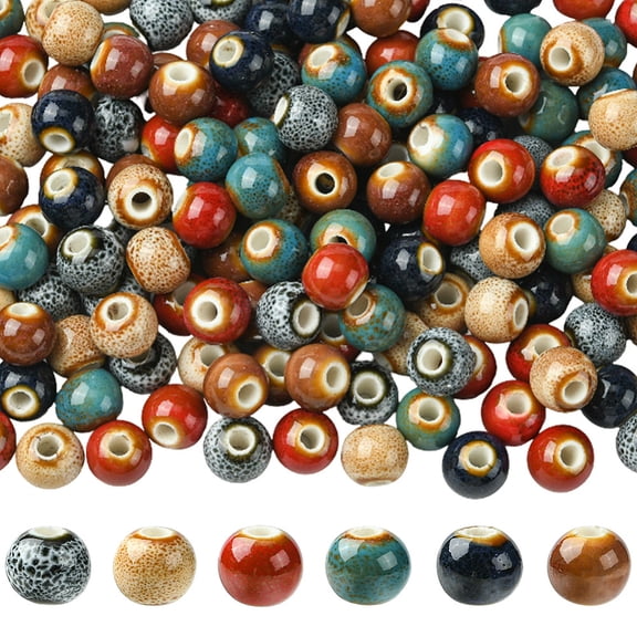 180Pcs 6 Colors Handmade Porcelain Beads Round Fancy Antique Glazed Porcelain Mixed Color 9x7.5mm Hole: 2.5mm 30pcs/color