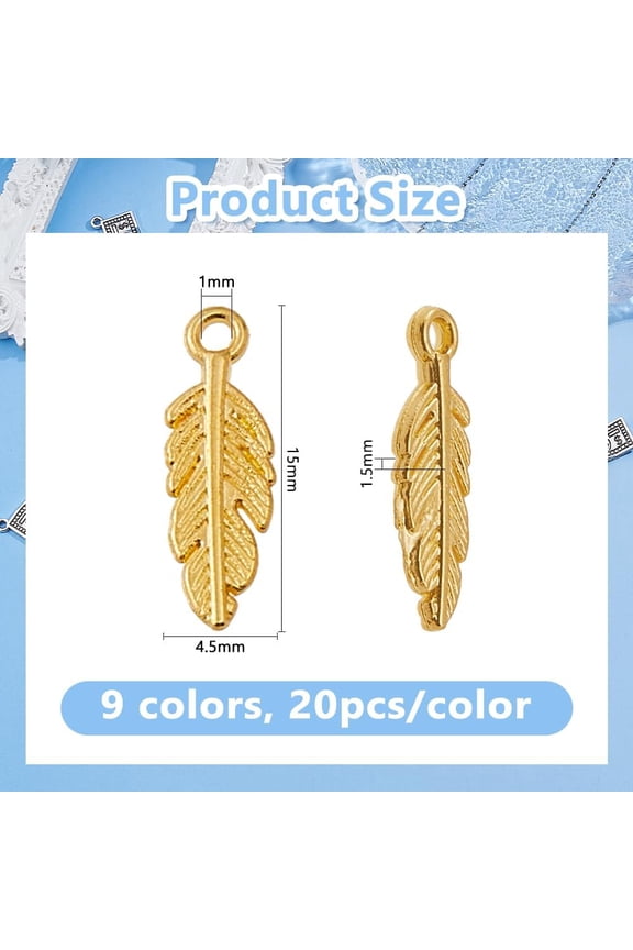 180Pcs 9 Colors Feather Charm Bulk Alloy Feather Pendant Bird Plume Charms Metal Wing Pendants Mini Dream Catcher Feathers Charm for Necklace Bracelet Earring Jewelry Making