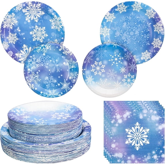 180Pcs Blue Purple Snowflake Tableware Set, Winter Frozen Style Plates & Napkins for Christmas & Birthday