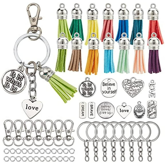 180Pcs DIY 20 Sets Keychain Tassels Bulk Inspirational Charms Key Chain Making Kit Faux Suede Tassel Inspiration Charms for Jewelry Making Lobster Claw Clasps Large Split Key Ring Supplies