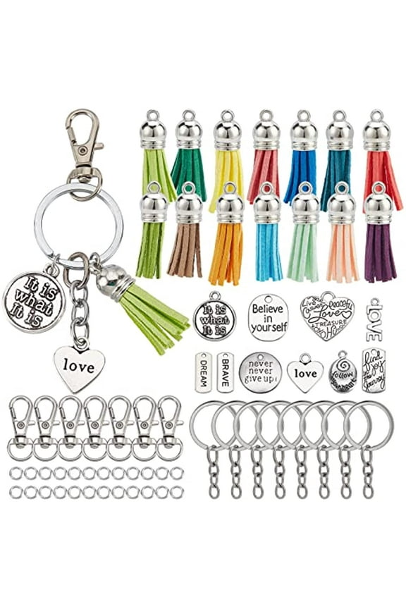 180Pcs DIY 20 Sets Keychain Tassels Bulk Inspirational Charms Key Chain Making Kit Faux Suede Tassel Inspiration Charms for Jewelry Making Lobster Claw Clasps Large Split Key Ring Supplies
