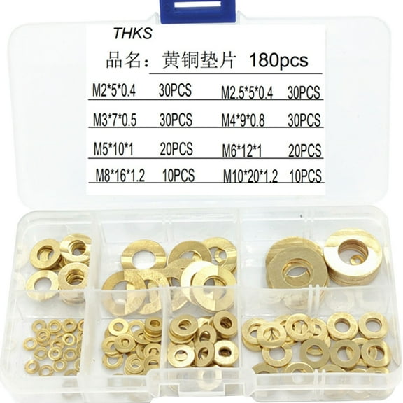 180Pcs Flat Washers Brass Flat Washers Metal Washers Combination Set 8Sizes M2M2.5M3M4M5M6M8M10 Set Washers