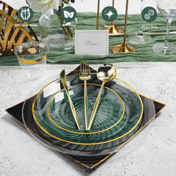 180Pcs Green Plastic Plates - Disposable Dinnerware Set with Gold Rim for 30 Guests