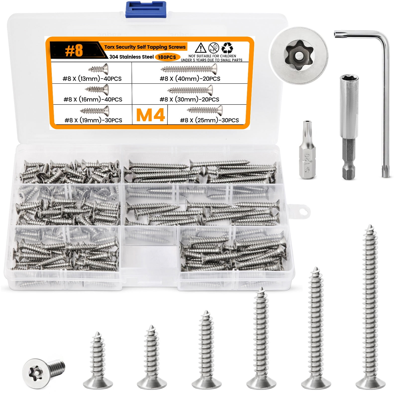 180Pcs M4 Wood Screws,Torx Head Self Tapping Screws,Stainless Steel