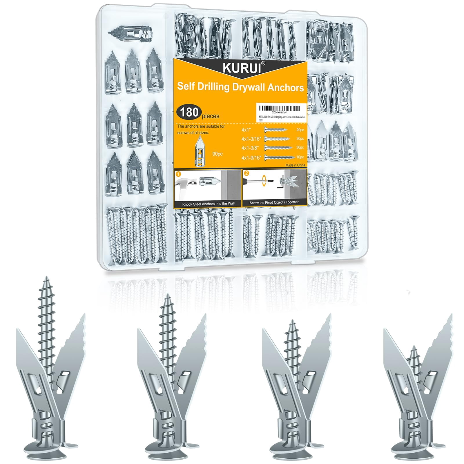 180Pcs Self Drilling Drywall Anchors, Metal Heavy Duty Dry Wall Anchors and Screws Kit, Silver Renter Friendly Anchor for Sheetrock,Hollow Wall, Hanging Shelves,Mirrors,Wall Decor,Pictures