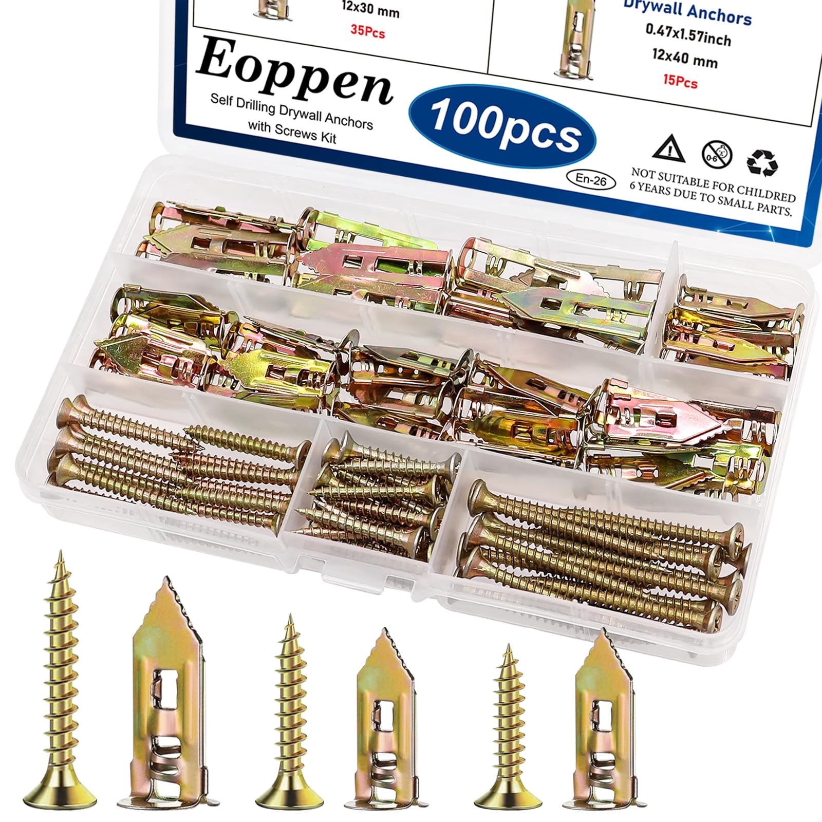 180Pcs Self Drilling Drywall Anchors with Screws Kit, Metal Expansion Bolt for Drywall, Zinc Plated Steel Drywall Anchors No Drilling Required Holds Up to 66lbs